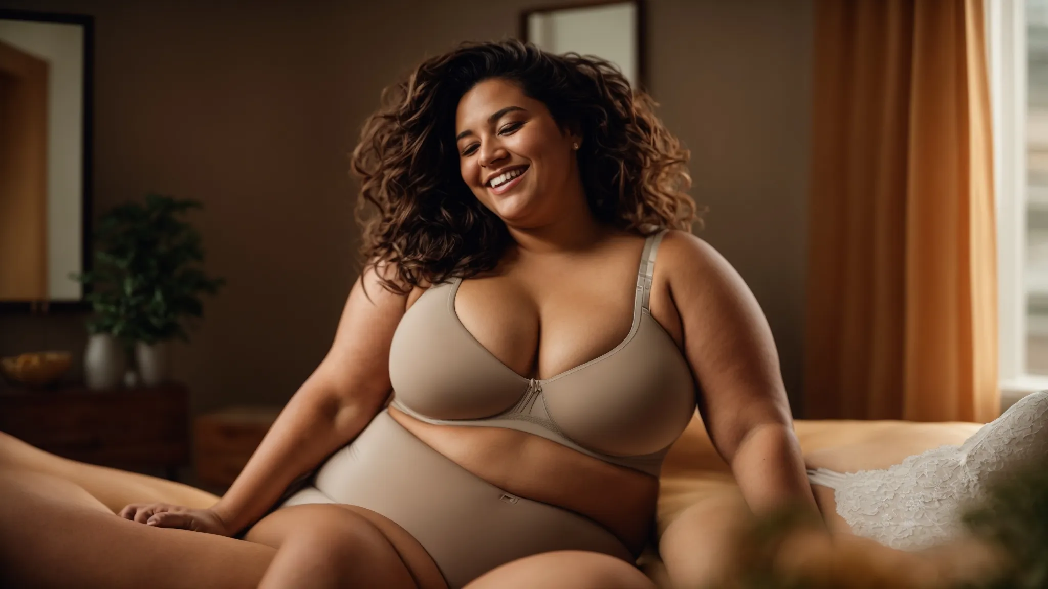 a woman in a cozy room smiling confidently while wearing a comfortable, supportive plus-size bra.