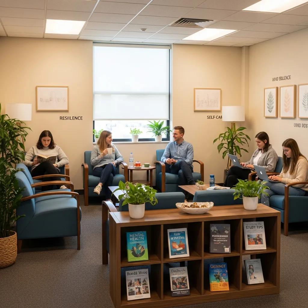 Comfortable university counseling center with students, emphasizing mental health support services