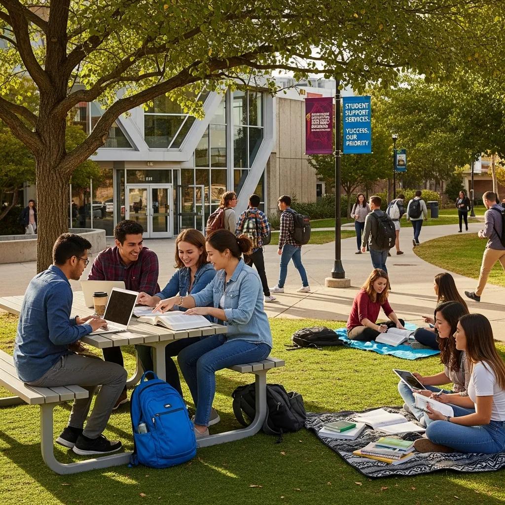 Diverse university students collaborating outdoors, representing academic support and campus life